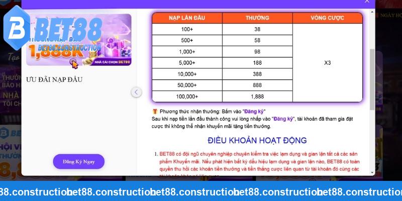 Chi tiết 2 khuyến mãi nạp đầu tại Bet88